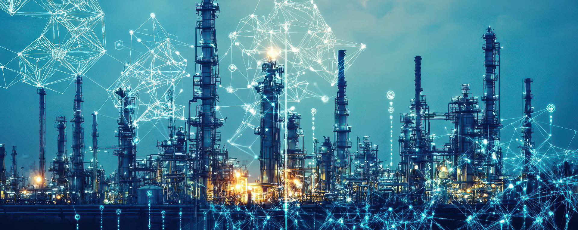 Industrial refinery complex at twilight with process units and integrated systems